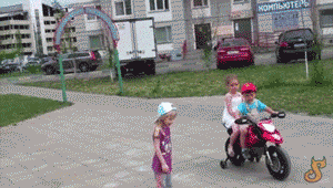motorcycle toddler boy picking up girls