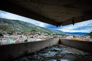 View from the abandoned bank tower in Mostar, Bosnia and Herzegovina. Used as a snipers-nest during the war of the 1990′s.