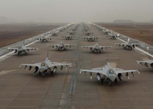 F-16 Fighting Falcons taxi down the flightline at Kunsan Air Base, South Korea