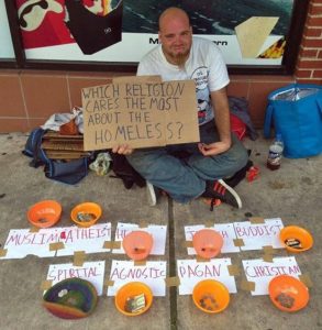 homeless cups religions christian muslim buddhist