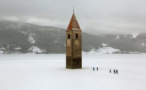 Frozen lake in Reschen, Italy
